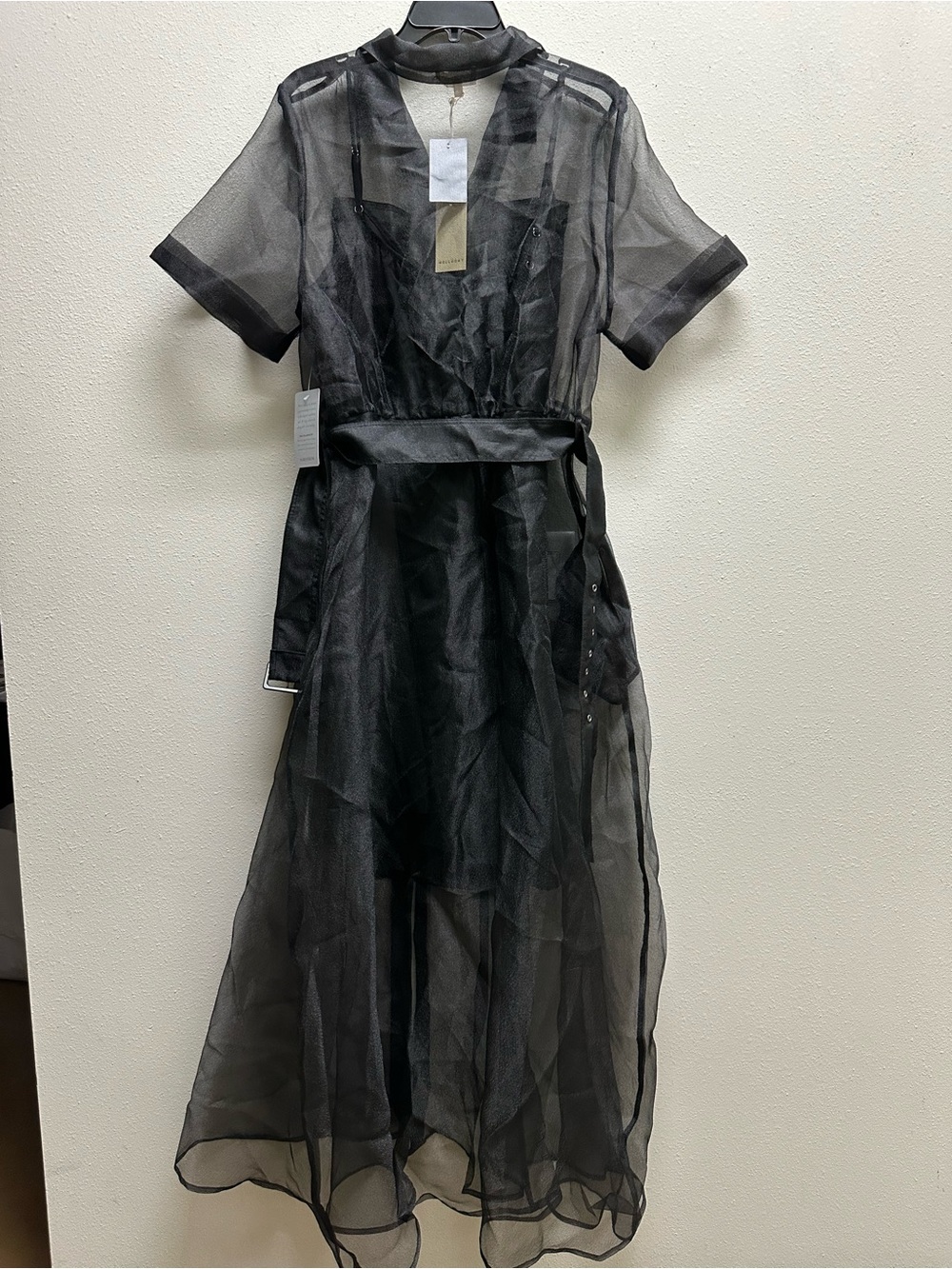MELLODAY Sheer Black Button-Front Maxi Dress with Tie Waist - Picture 3 of 4